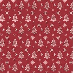 a red background with white christmas trees and snowflakes on it's sides