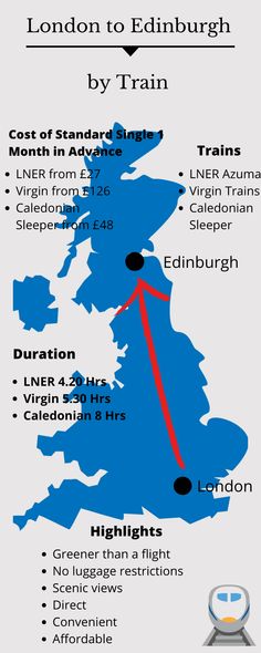 the london to edinburgh by train map is shown in blue and has red lines on it