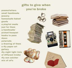 an image of gifts to give when you're broke info sheet with pictures and text