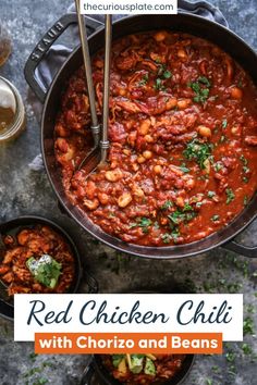 red chicken chili with chorizo and beans in a skillet on a table