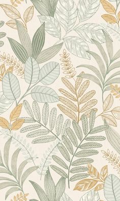 an image of a wallpaper with leaves and plants in gold, blue, green and white