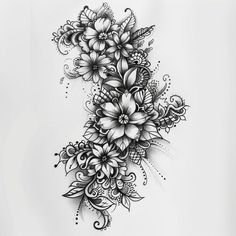 a black and white drawing of flowers with swirls on the bottom half of it