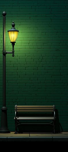 a bench sitting under a street light next to a green brick wall with a lamp on it