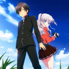 two anime characters standing next to each other in front of a blue sky with clouds