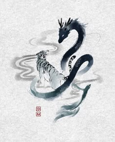 a painting of a dragon and a tiger in the water with chinese writing on it