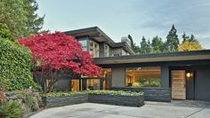 a modern house with trees and shrubs in the front yard, surrounded by greenery