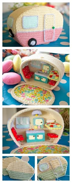 the inside of a crocheted purse is shown with different pictures and instructions to make it