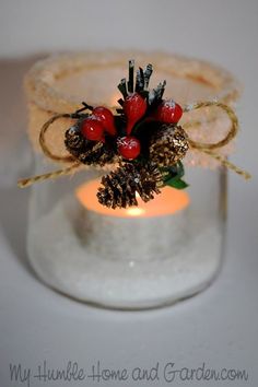 a small glass vase filled with pine cones and berries