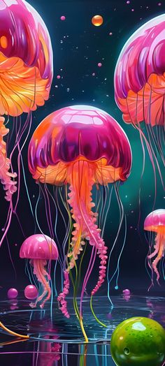 some very pretty jellyfish in the water with their pink and purple colors on them