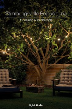 two chairs under a tree with lights on it