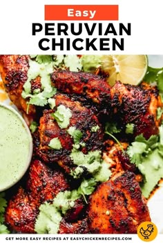 chicken wings with cilantro sauce and garnishes on the side text overlay says easy peruvian chicken