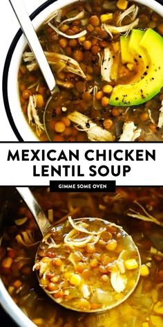 mexican chicken lentil soup in a white bowl