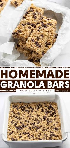 homemade granola bars with chocolate chips in the middle and on top, are ready to be eaten