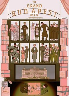 the grand budapest hotel poster is displayed in front of a window with people standing around it