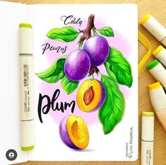 an open notebook with some fruit on it and markers next to it, along with crayon pens