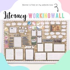 a bulletin board with different items on it and the words library working wall above it