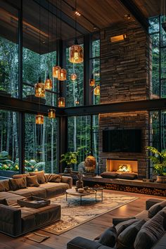 a living room filled with lots of furniture and large windows next to a fire place