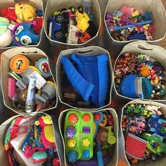 several bins filled with different types of toys