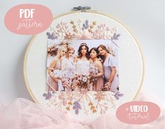 the bridesmaids are posing together in front of an embroidery pattern on a hoop