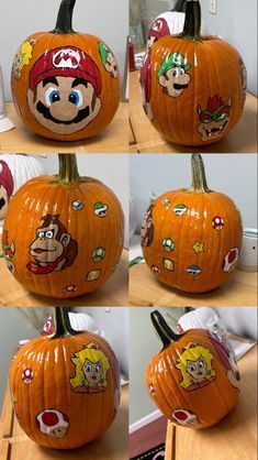 four pictures of pumpkins with mario and luigi on them