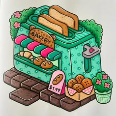 a drawing of a toaster with bread and muffins on it