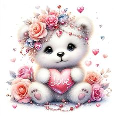 a white teddy bear holding a heart surrounded by pink roses and hearts with the word love written on it