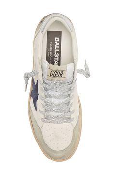 Navy Blue Golden Goose, Navy Golden Goose, Golden Goose Ball Star Outfit, White Everyday Sneakers, Off White Shoes Women, Cool Shoes Women, Sneakers For Women 2023, Golden Goose High Tops, Golden Goose Women