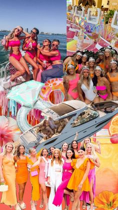 the collage shows women in bathing suits and bikinis posing for pictures on a boat