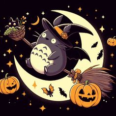 totoro on the moon with bats and pumpkins around it's neck