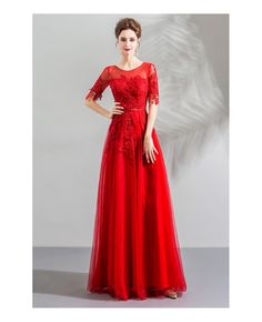 Buy Elegant Red Flowy Long Tulle Formal Dress With Appliques Sleeves at wholesale price online. Free shipping and pro custom service since 2009. Red Tulle Bridesmaid Dress, Formal Red Tulle Dress, Elegant Red Tulle Gown, Fitted Red Tulle Dress, Red Fitted Tulle Dress, Red Tulle Gown For Banquet, Red Tulle Gown For Formal Occasions, Red Tulle Formal Dress, Formal Red Tulle Gown