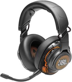 a gaming headset with an orange and black design on the front, headphones attached to