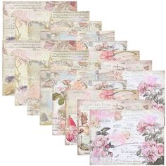 six pieces of paper with pink flowers and leaves on them, all lined up in rows