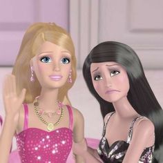 two barbie dolls sitting next to each other on a pink bed in front of a white wall