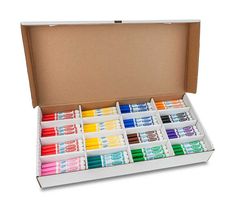 a box filled with lots of different colored crayons in it's lid