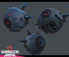 three futuristic spaceships with red eyes and horns