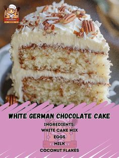 a close up of a piece of cake on a plate with the words white german chocolate cake