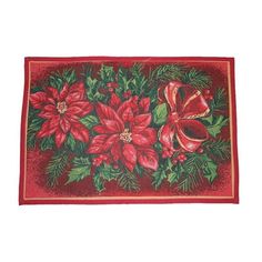 a red christmas rug with poinsettias and holly