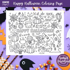 happy halloween coloring page for kids with pumpkins, bats and other decorations on purple background