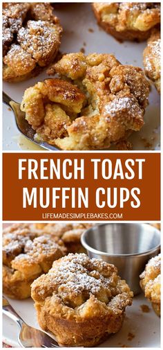 french toast muffin cups with powdered sugar on top and in the middle, sitting on a white plate