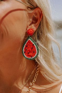 Add a sweet finish to your look with our darling 'Watermelon Margs' earrings featuring beaded red circle studs and a dangling beaded watermelon print teardrop pendant! Beaded Teardrop Earrings For Summer, Summer Beaded Teardrop Earrings, Summer Teardrop Beaded Earrings, Summer Beaded Teardrop Jewelry, Watermelon Color Dangle Jewelry For Summer, Summer Dangling Bead Teardrop Earrings, Summer Teardrop Earrings With Dangling Beads, Teardrop Beaded Earrings For Summer, Red Teardrop Beaded Earrings