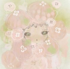 a painting of a girl with flowers in her hair and eyes, surrounded by bubbles