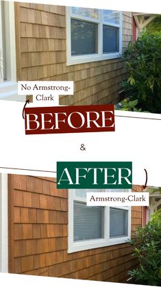 before and after photos of siding on a house with the words, no armstronging clark