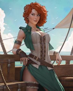 a woman with red hair is standing on the deck of a ship and wearing a green dress