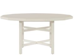 a white table with an oval top and cross legs on the bottom, against a white background