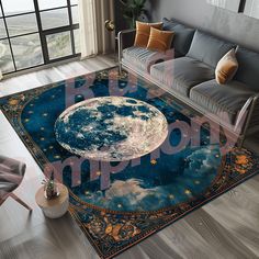 a living room area rug with the moon on it