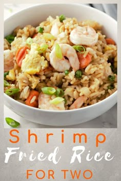 shrimp fried rice with vegetables in a white bowl