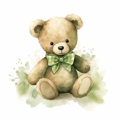 a watercolor painting of a teddy bear with a bow tie on it's neck