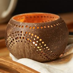 Coconut Shell Tea Light Holder Set | Eco-Friendly, Unique & Unusual Tea Light Base-0 Coconut Shell Products, Coconut Shell Candle, Coconut Tea, Macrame Chandelier, Coconut Shell Crafts, Coconut Shells, Natural Tea, Coconut Candle, Shell Candles