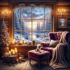 a christmas scene with candles and a chair in front of a window that looks out onto a snowy forest