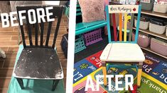 the before and after of a child's wooden chair in a playroom with toys